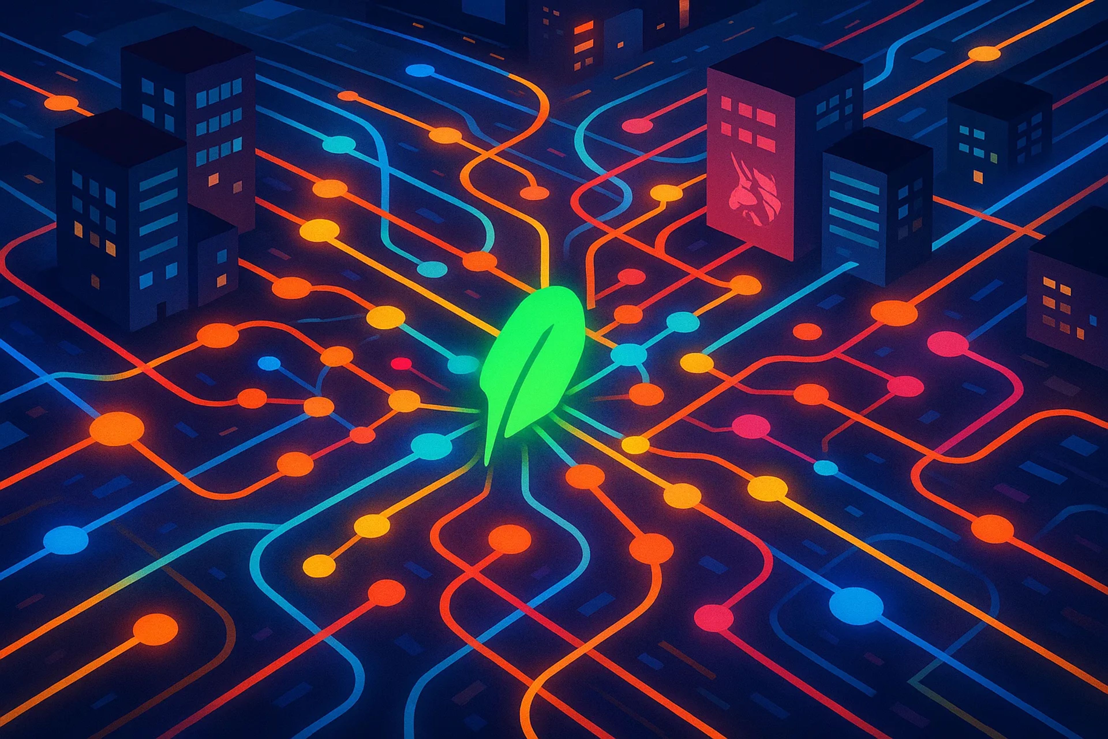 Colorful network of lines radiating from a