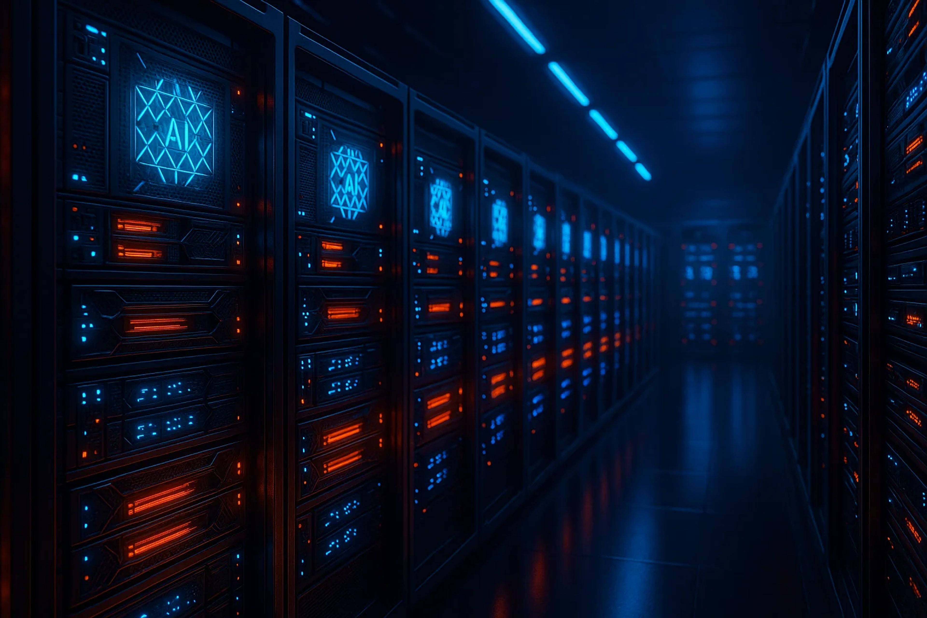 Dimly lit server room with blue and orange lights