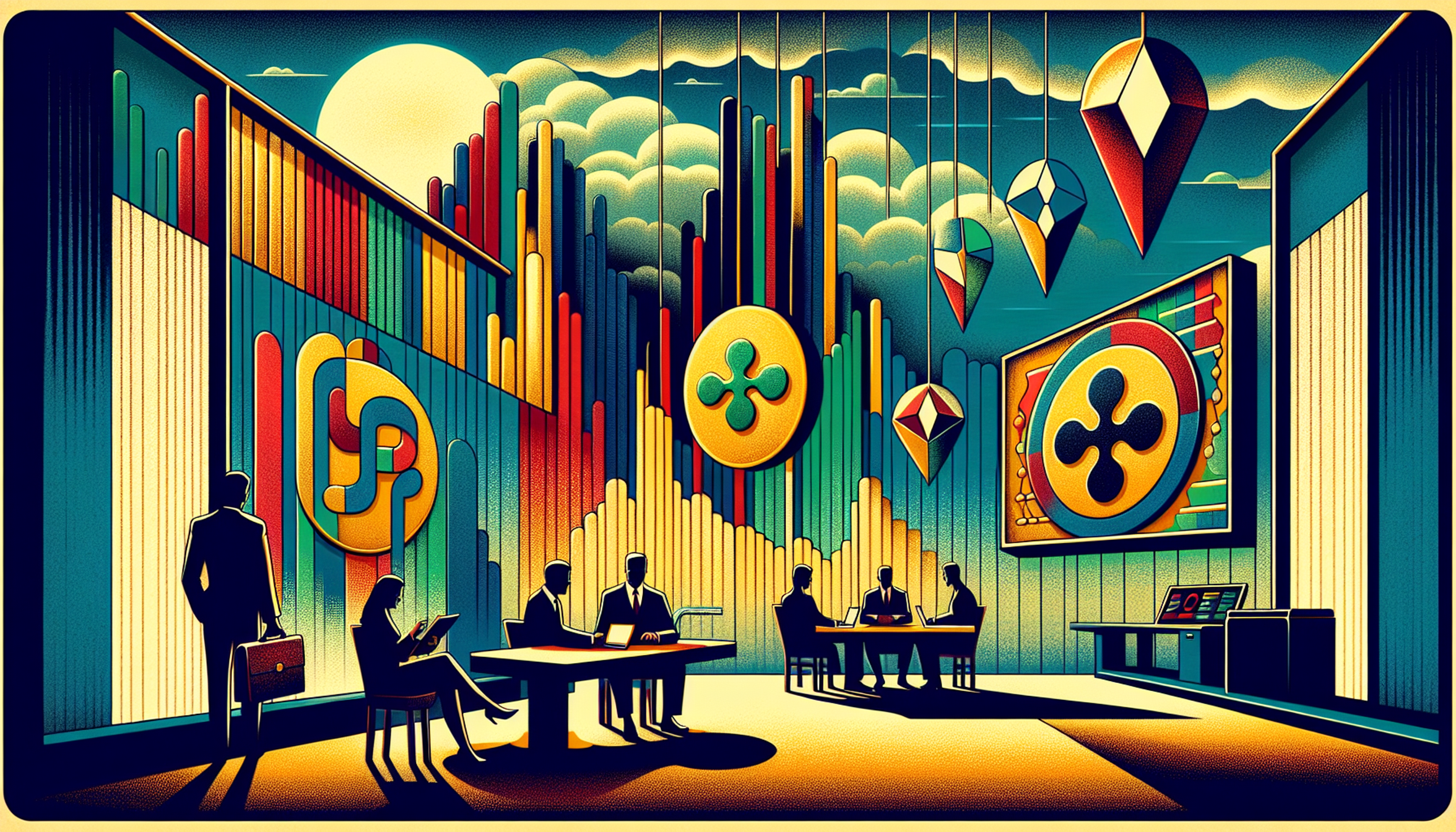 Stylized office scene with colorful geometric