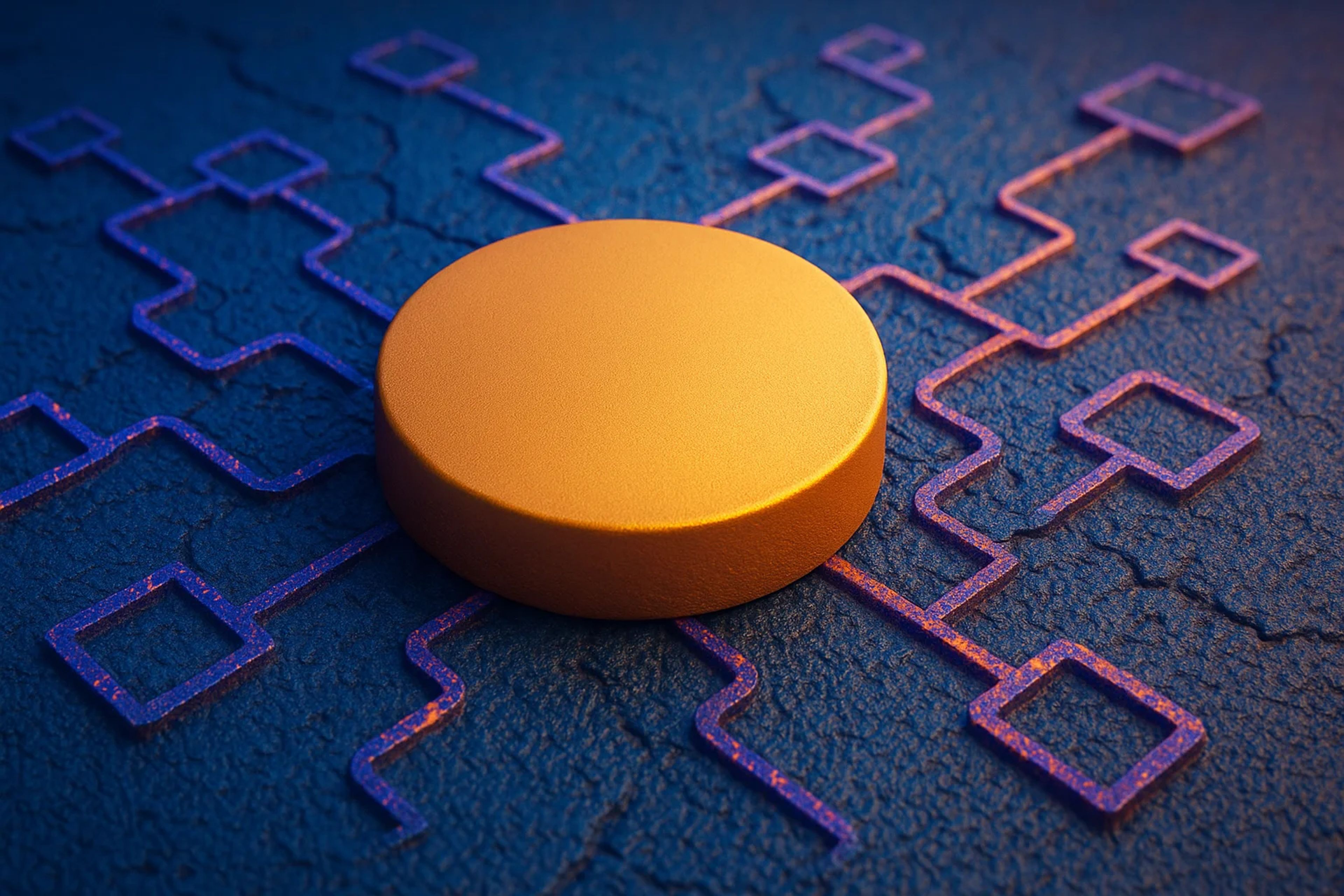 A circular orange object on a textured surface