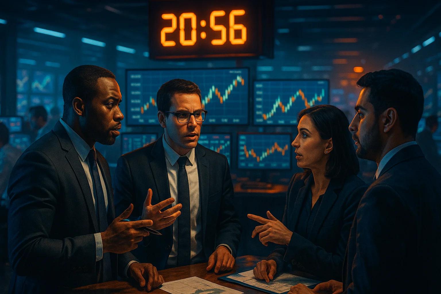 Four professionals in suits discussing at a table