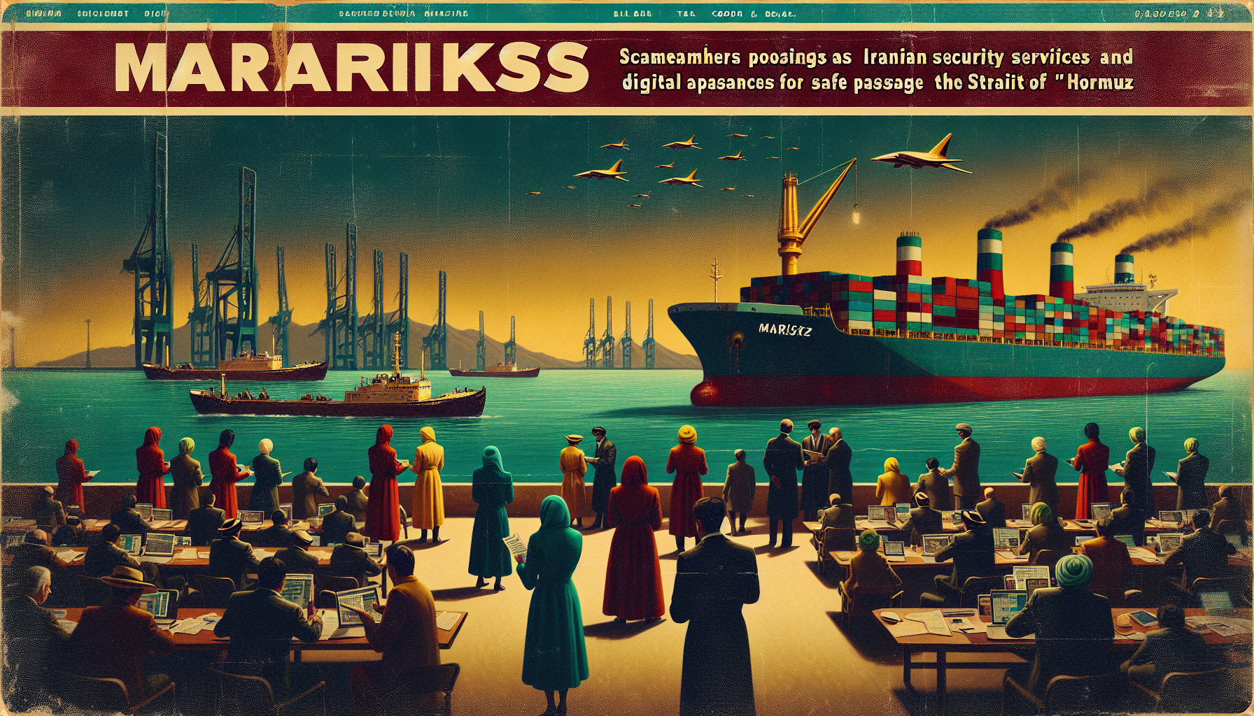 Colorful scene of ships and oil rigs at sunset