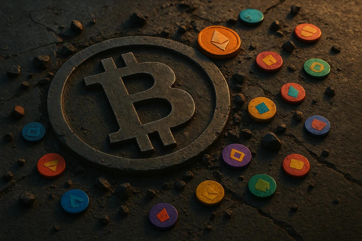 A Bitcoin symbol surrounded by colorful
