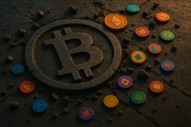 A Bitcoin symbol surrounded by colorful
