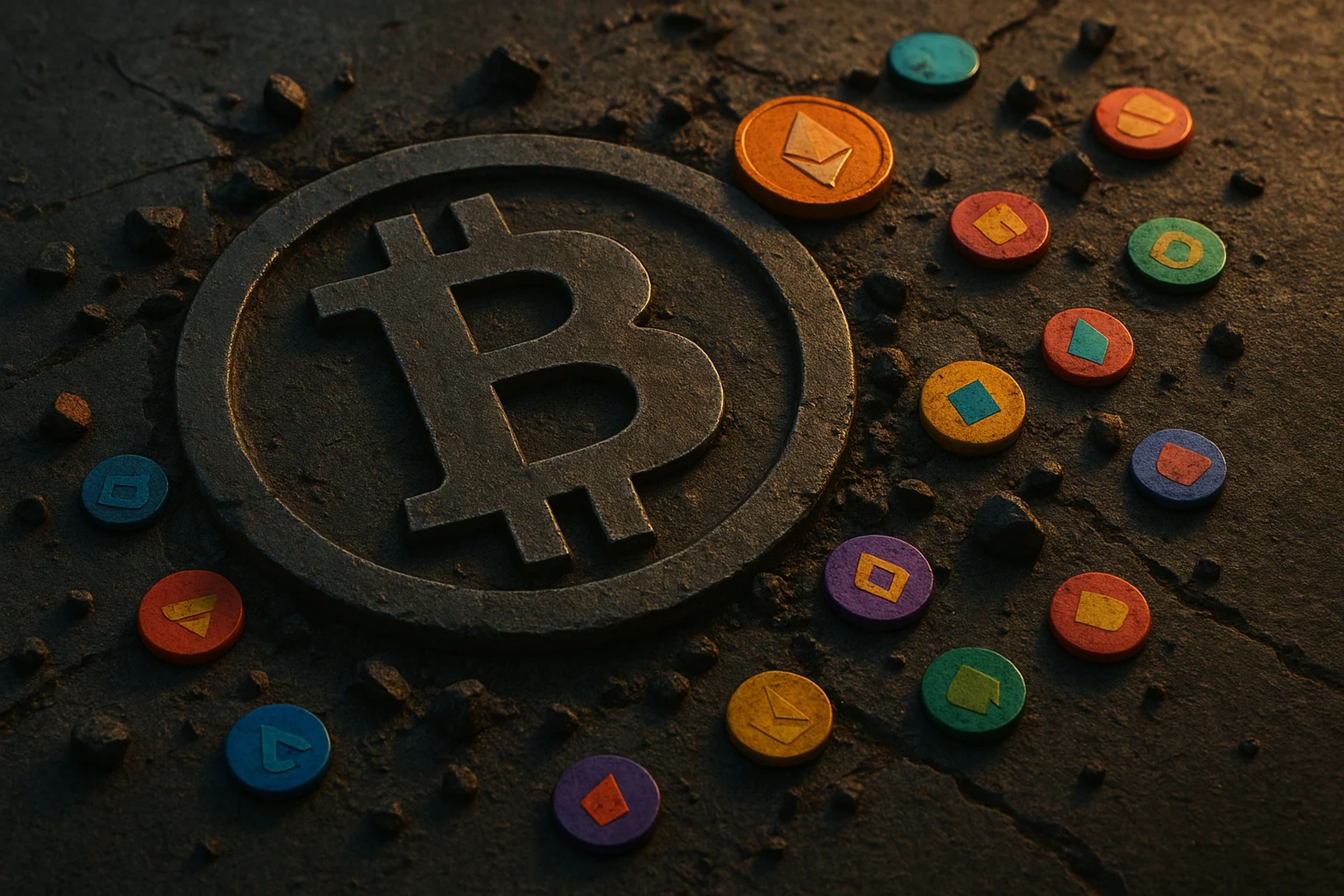 A Bitcoin symbol surrounded by colorful