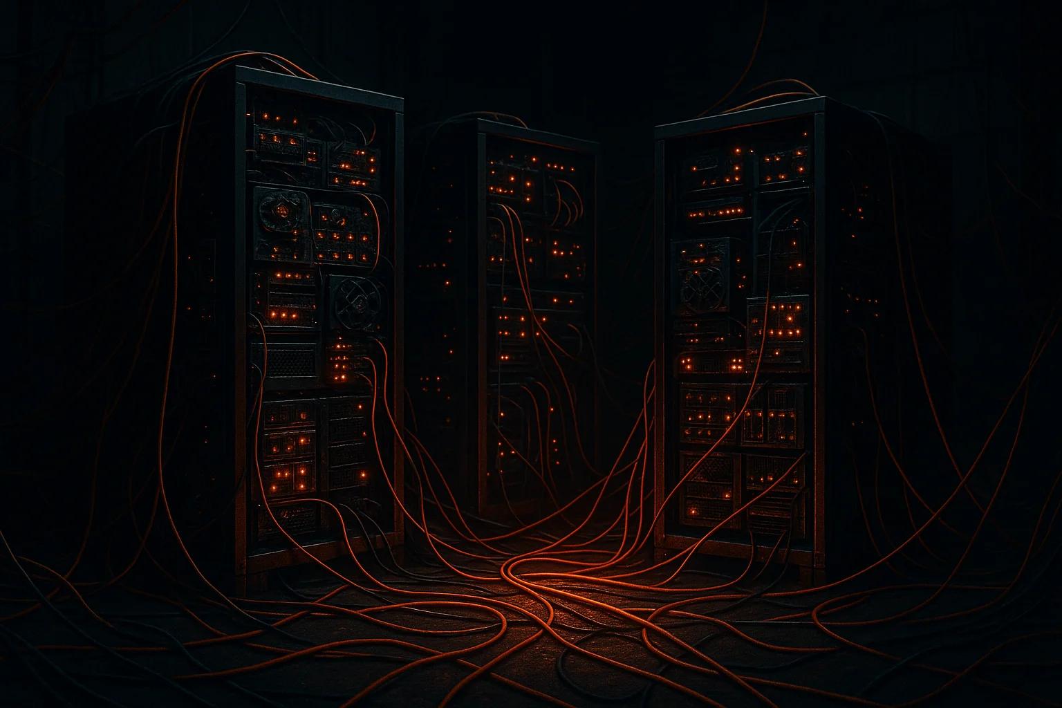 Three dark server towers with glowing orange