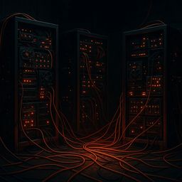 Three dark server towers with glowing orange