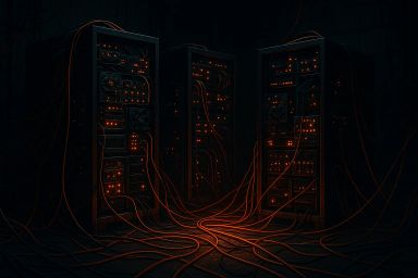 Three dark server towers with glowing orange