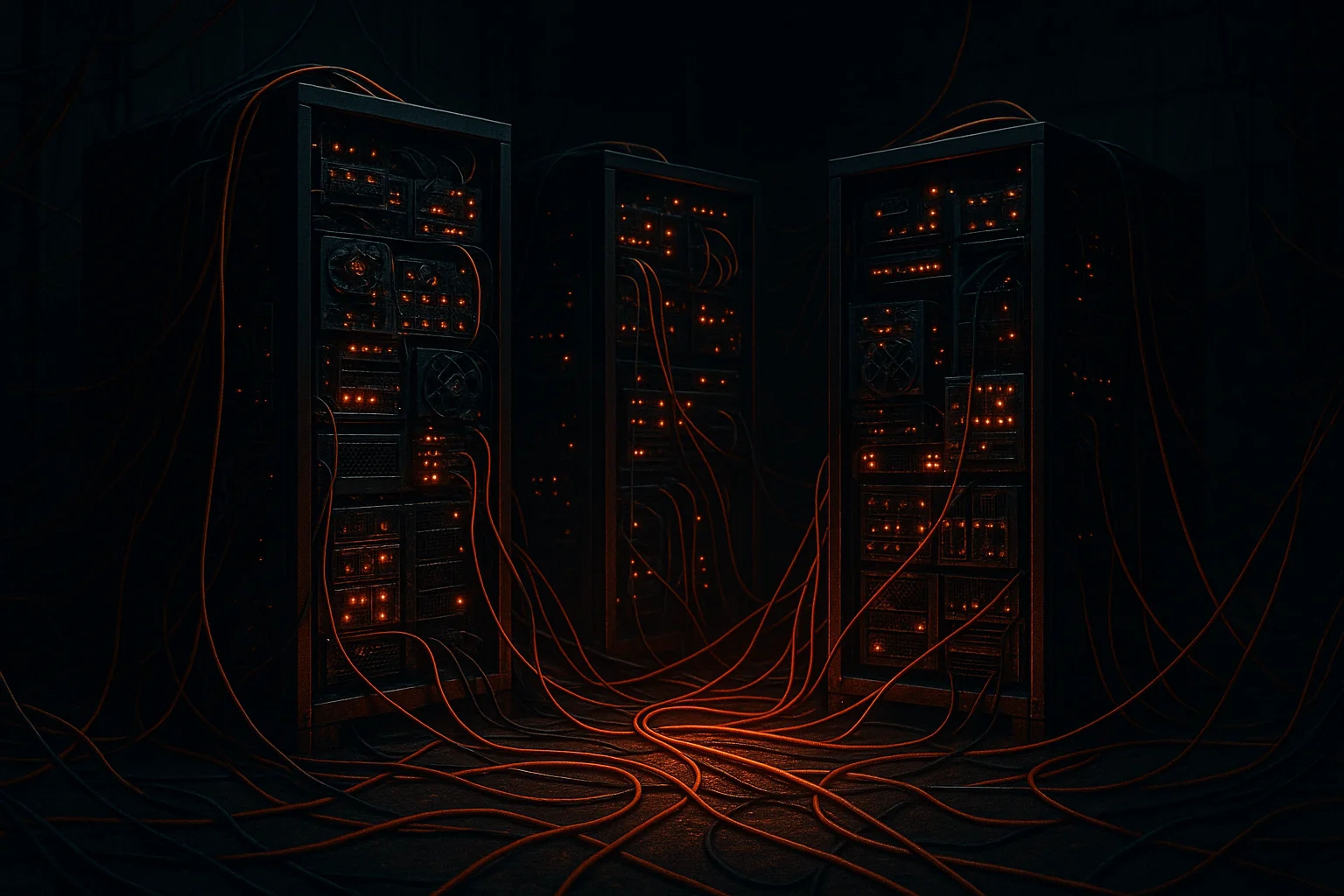 Three dark server towers with glowing orange