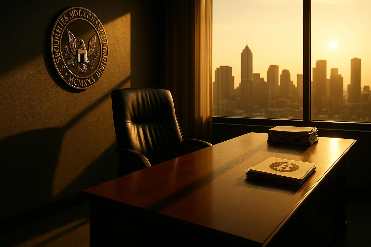 An empty office with a desk and chair, sunset