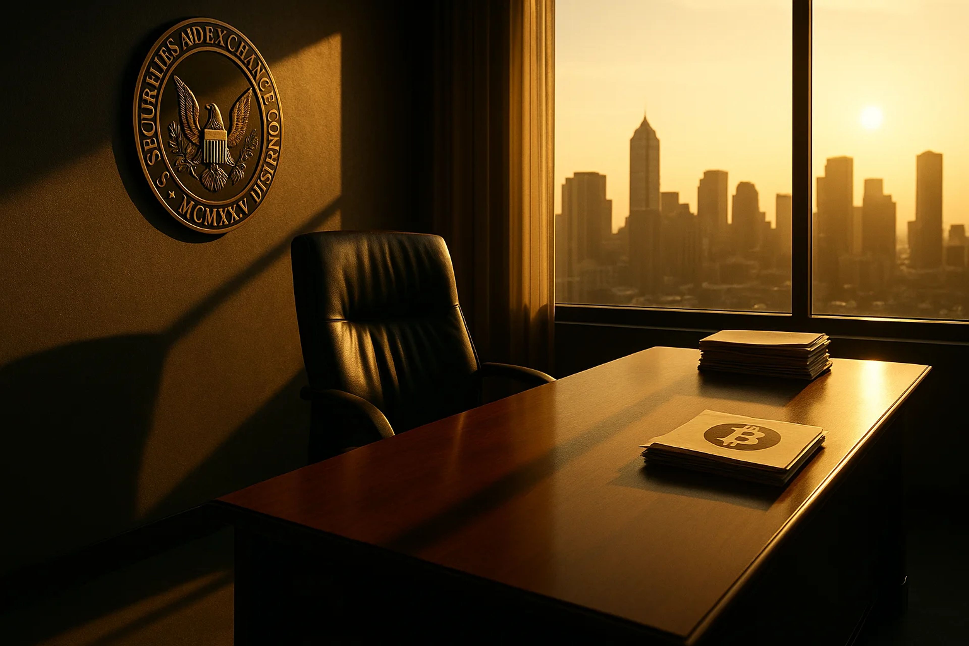 An empty office with a desk and chair, sunset