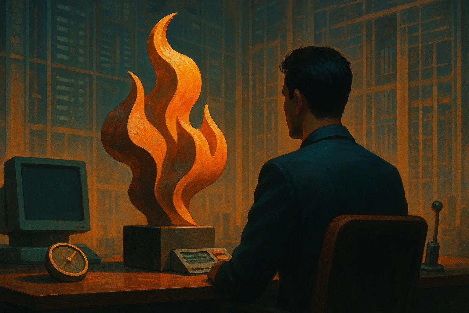 A man sits at a desk facing a stylized flame