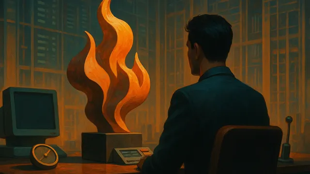 A man sits at a desk facing a stylized flame