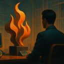 A man sits at a desk facing a stylized flame