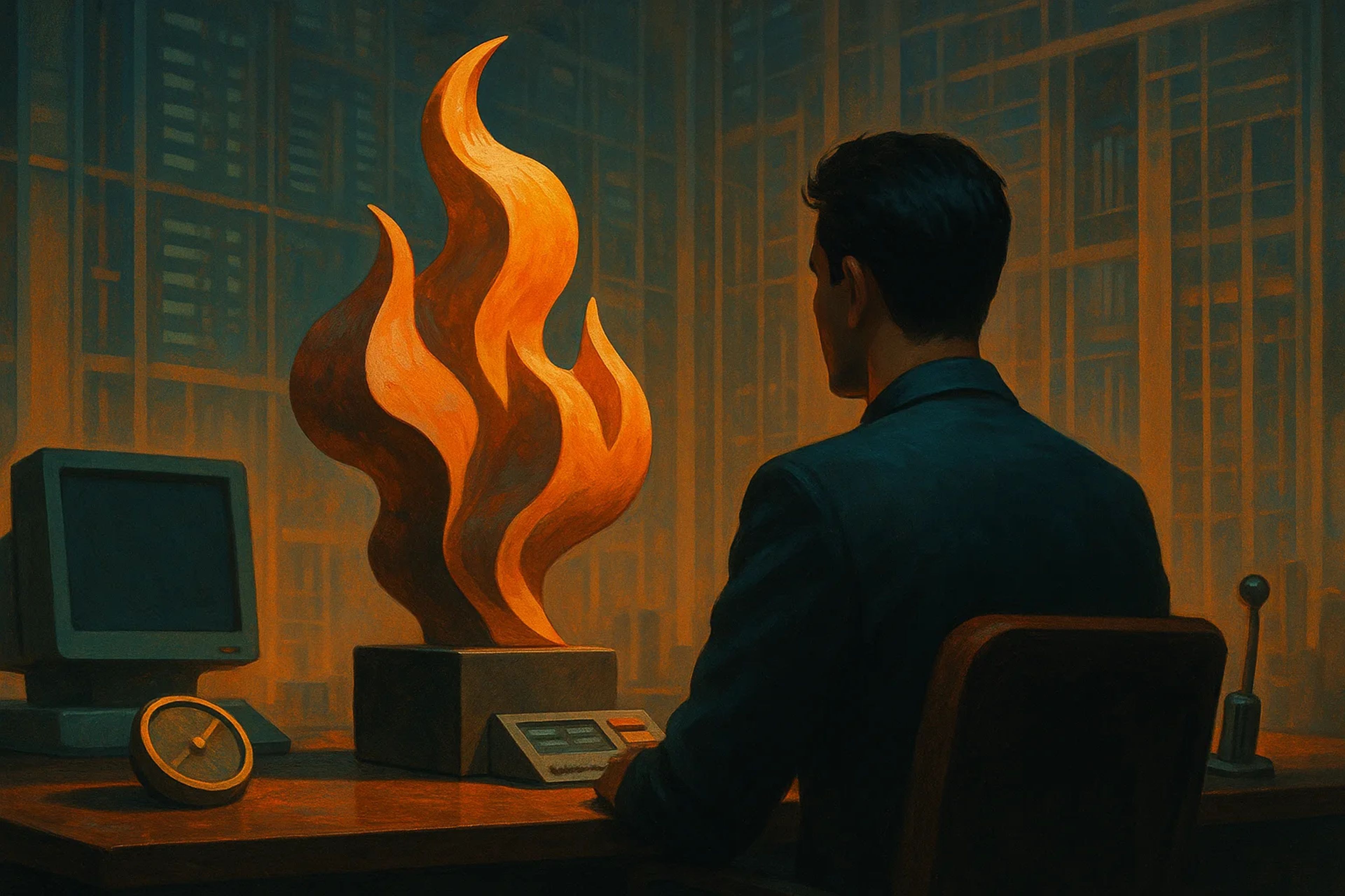 A man sits at a desk facing a stylized flame