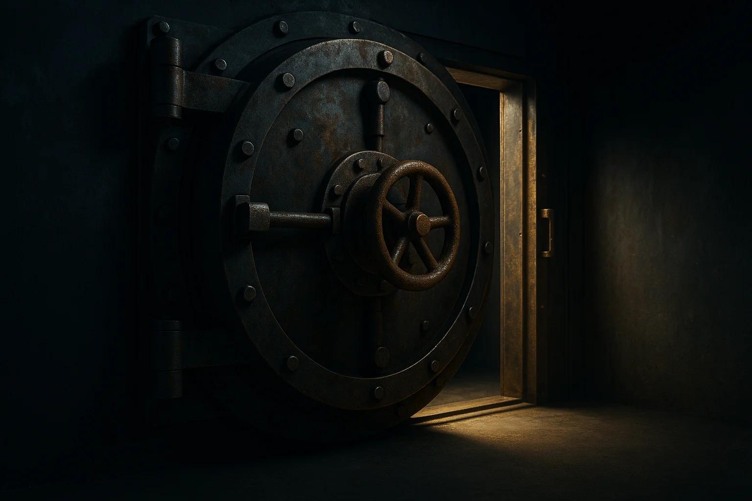 A large, rusty vault door slightly ajar in a