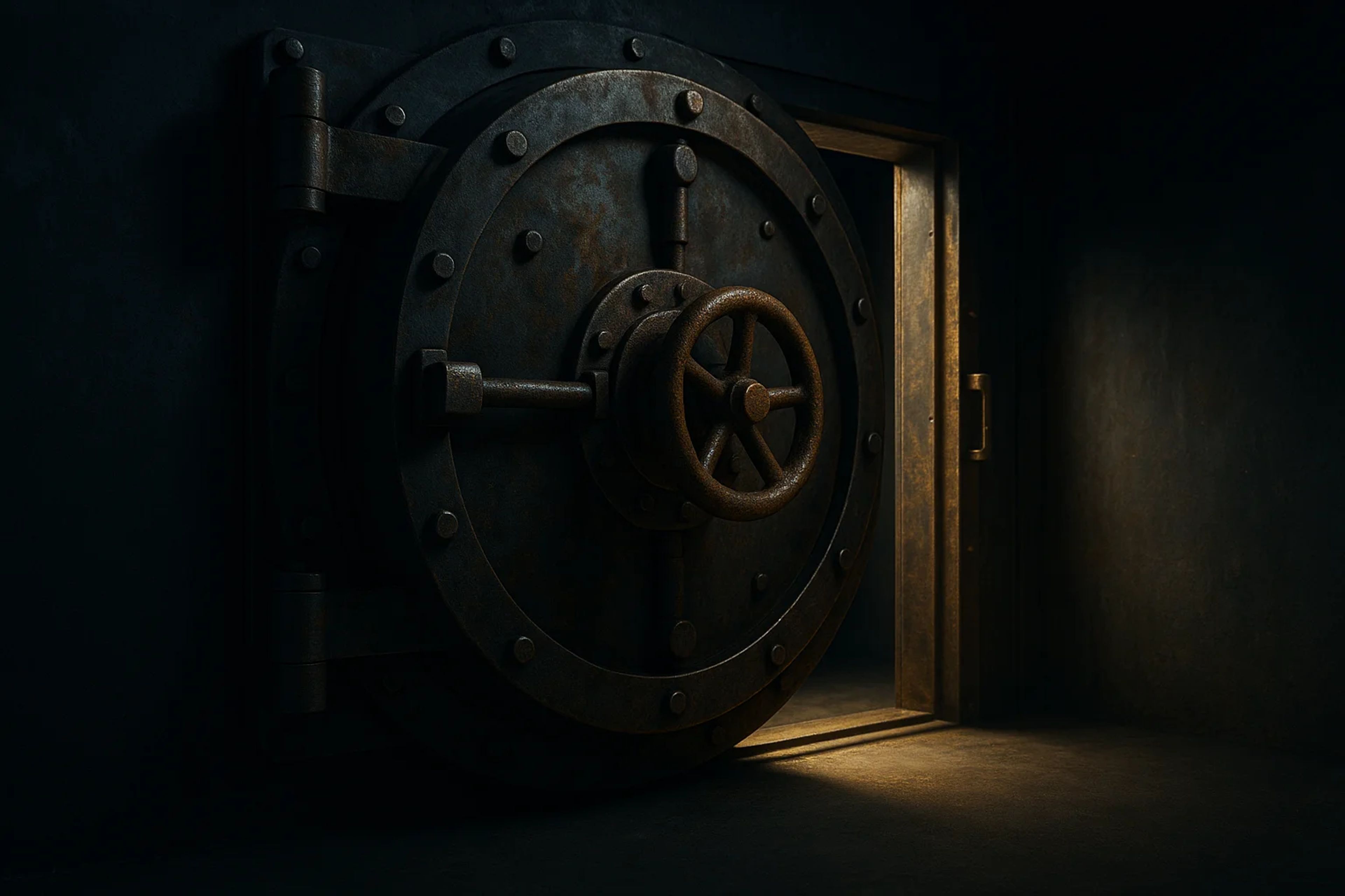 A large, rusty vault door slightly ajar in a