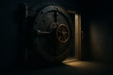 A large, rusty vault door slightly ajar in a