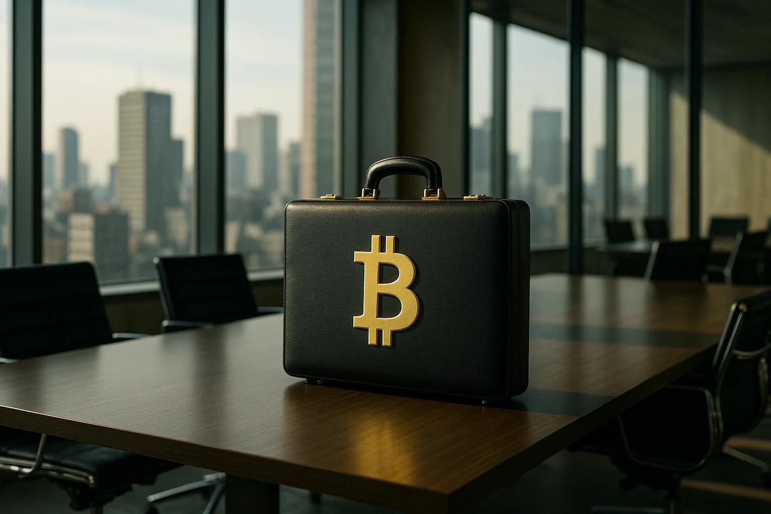 Black briefcase with a gold Bitcoin symbol, city
