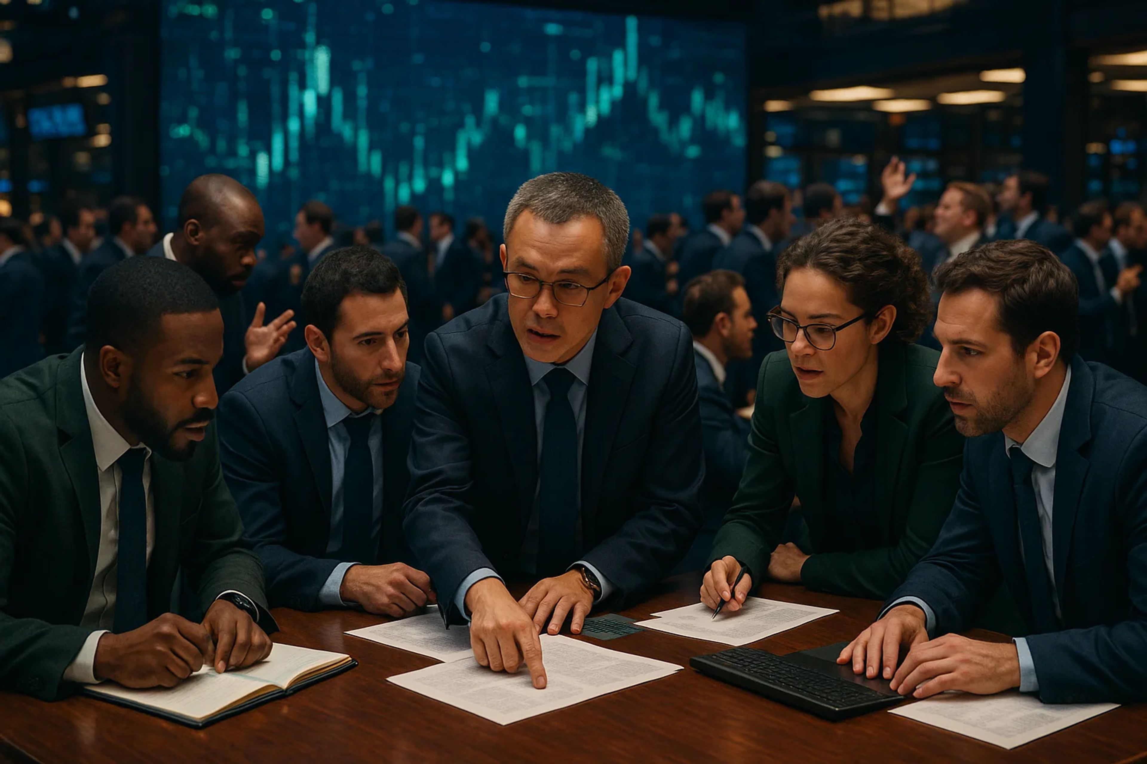 Group of professionals discussing data at a table