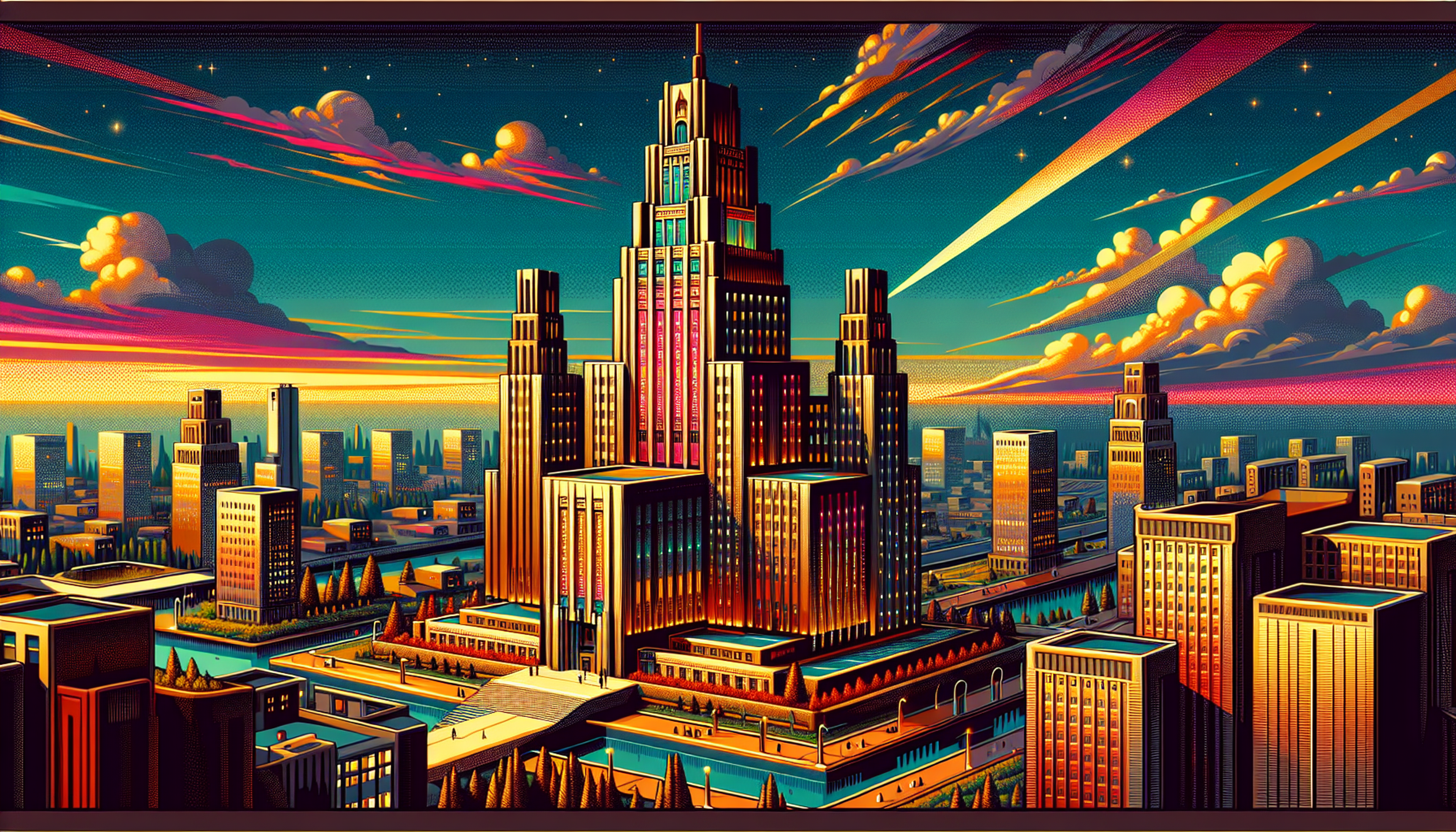 Colorful city skyline with a tall, stylized