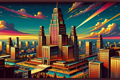 Colorful city skyline with a tall, stylized