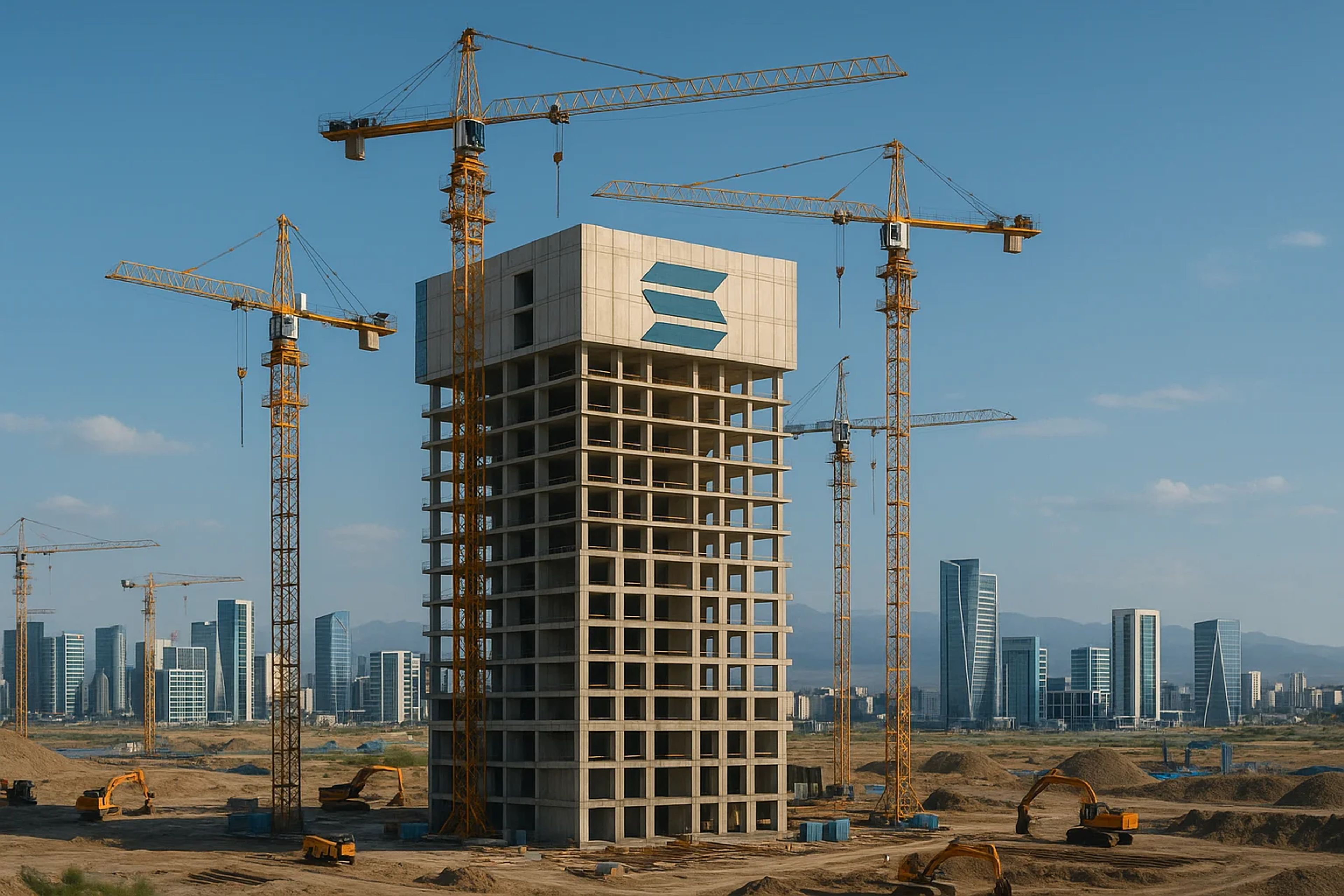 Construction site with cranes and a building frame