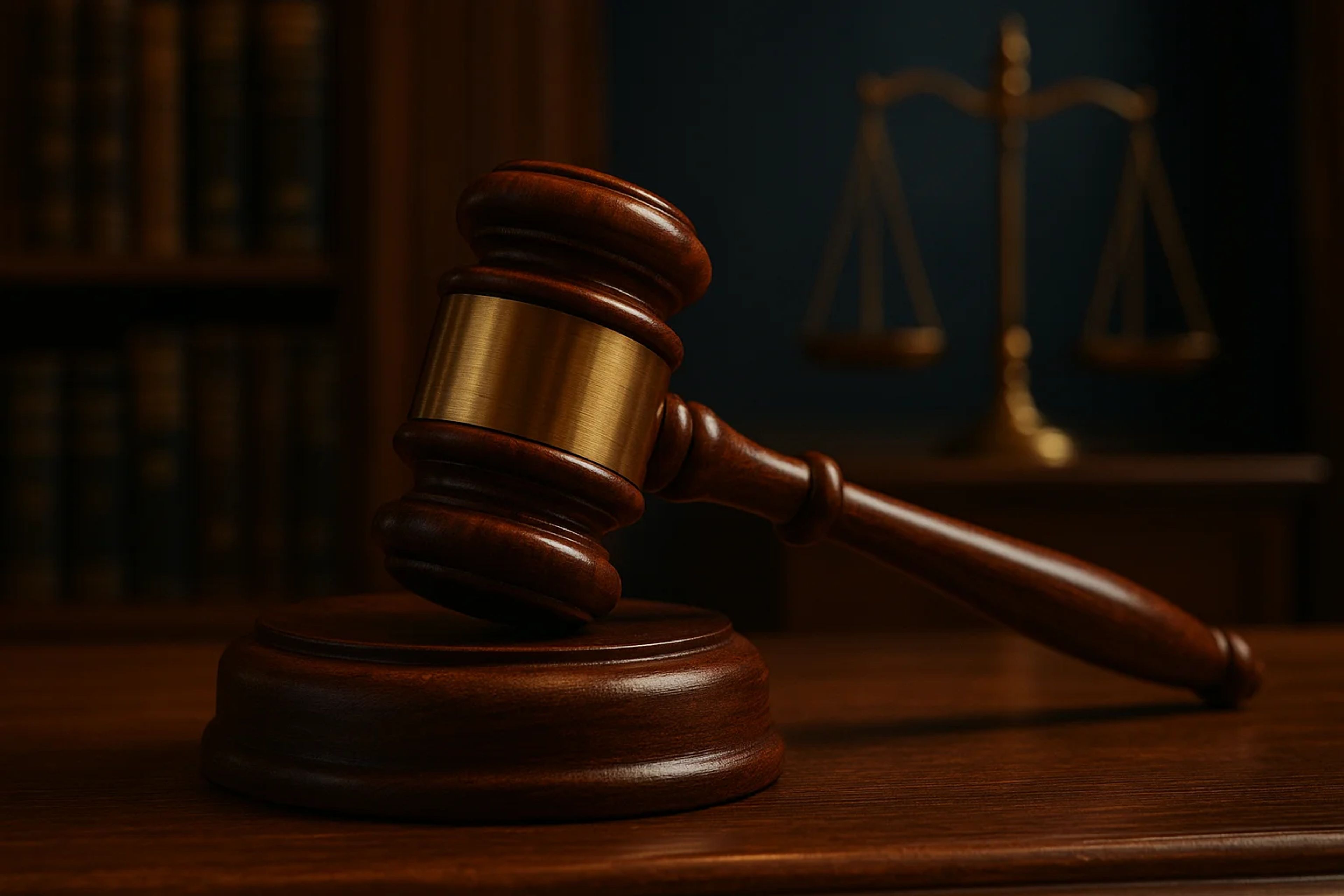 Wooden gavel resting on a round base