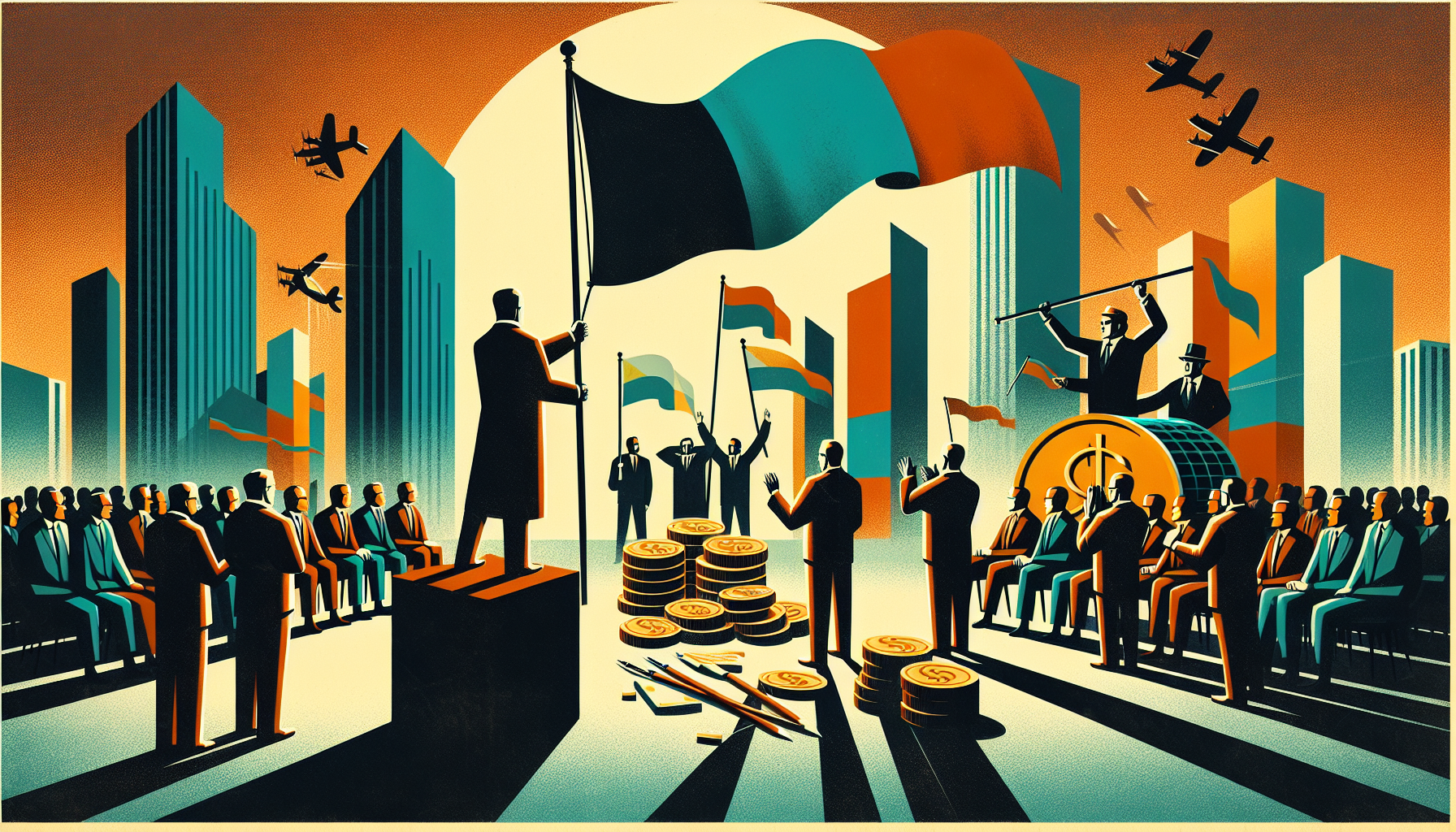 Silhouetted figures with flags and coins in a