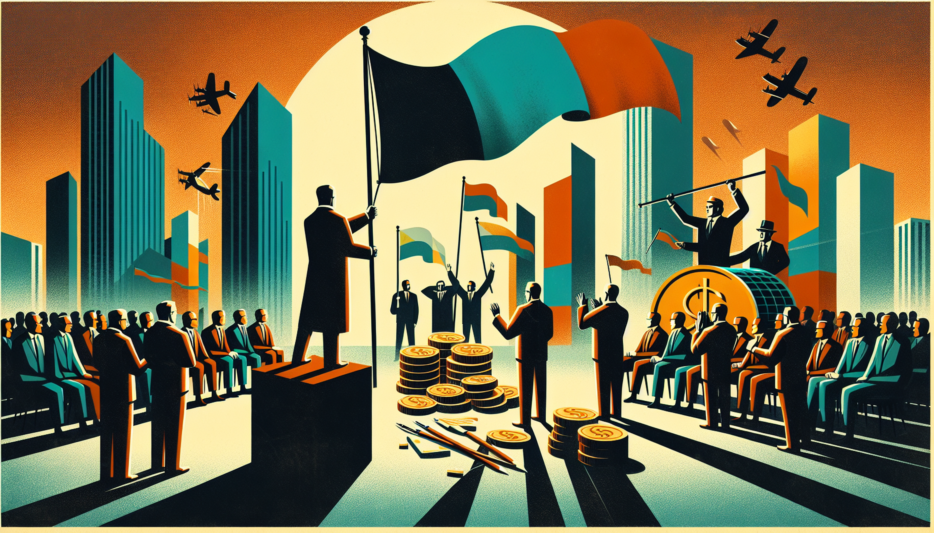 Silhouetted figures with flags and coins in a