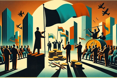 Silhouetted figures with flags and coins in a