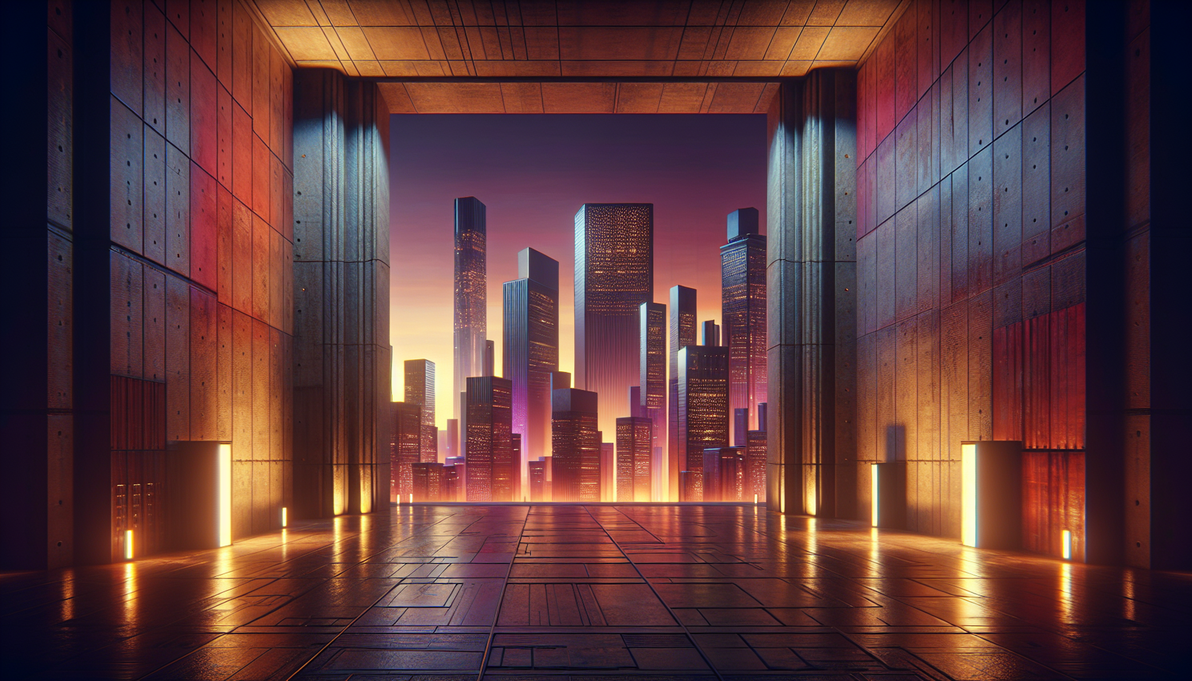Futuristic city skyline at sunset through an