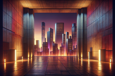 Futuristic city skyline at sunset through an