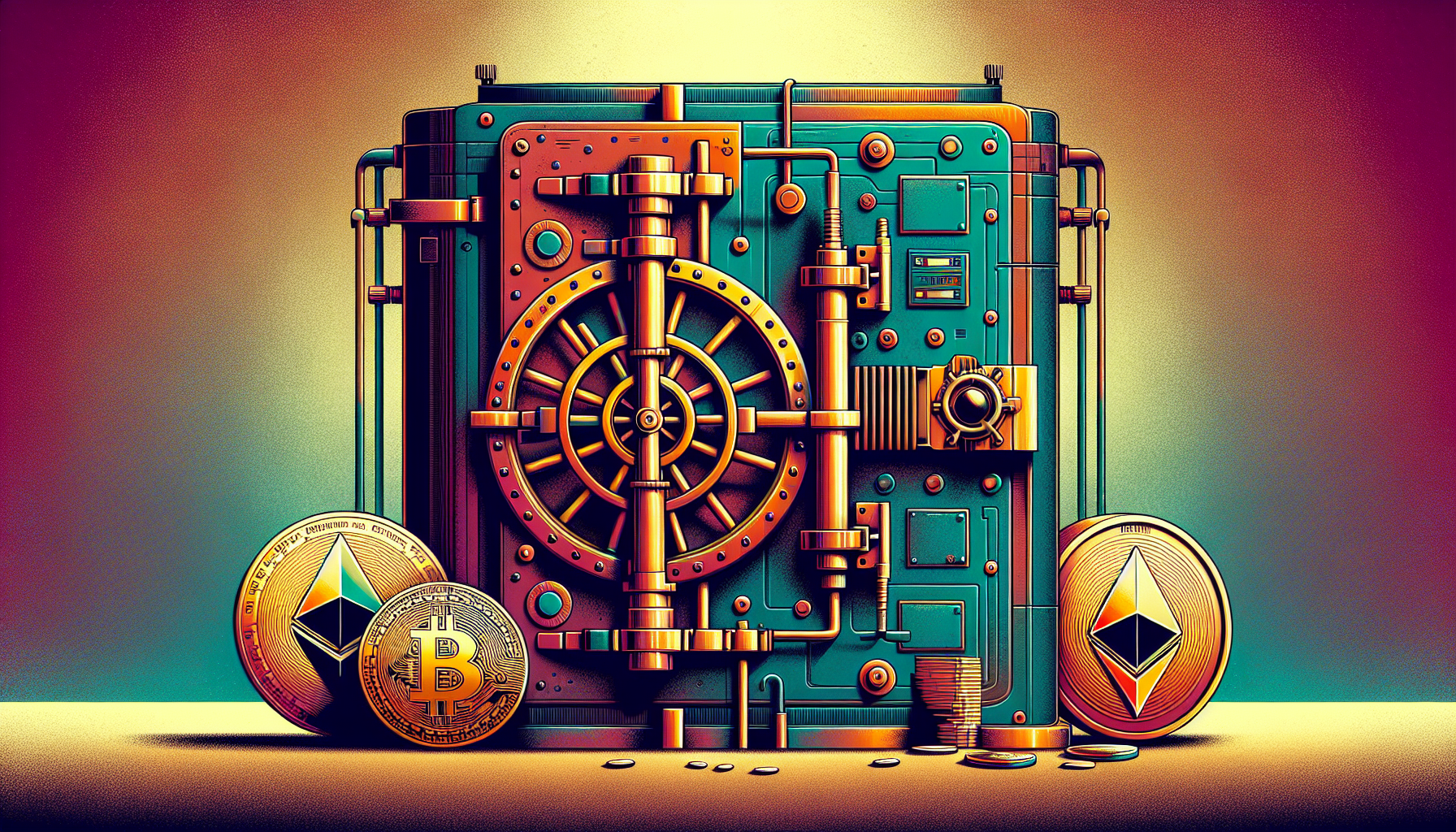 A colorful vault with gold coins and