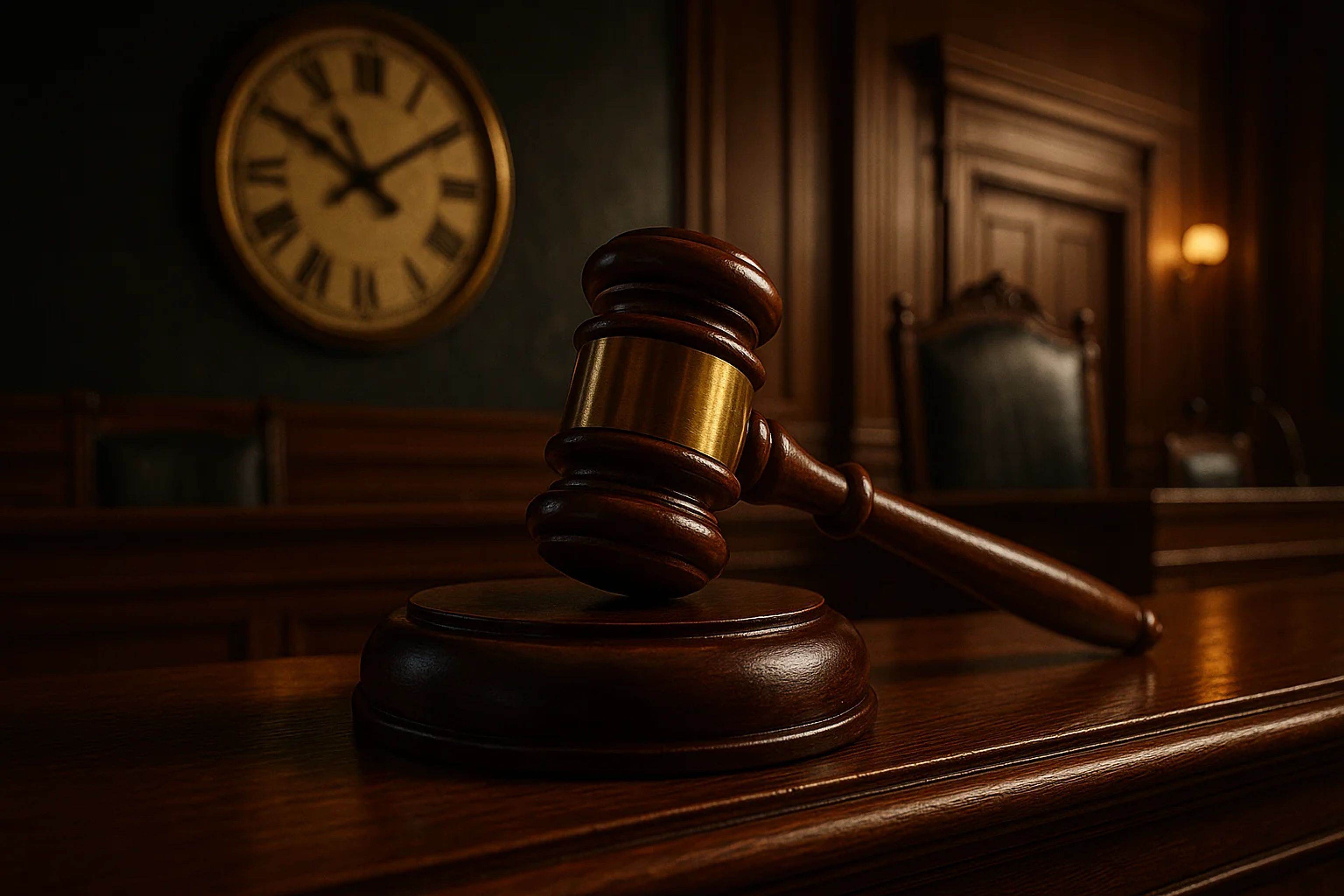 Wooden gavel resting on a judge's bench