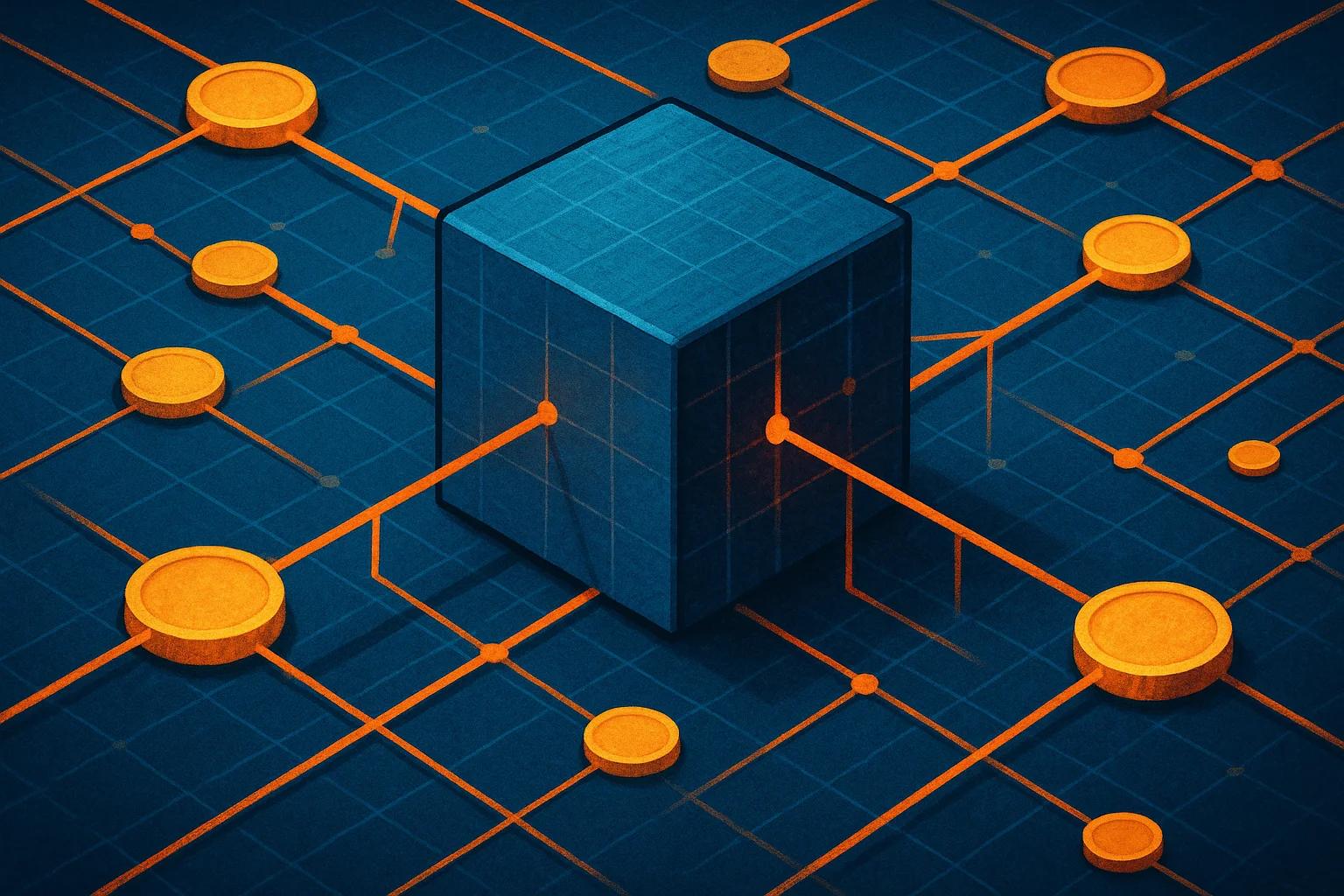 Geometric shapes with a central cube and orange