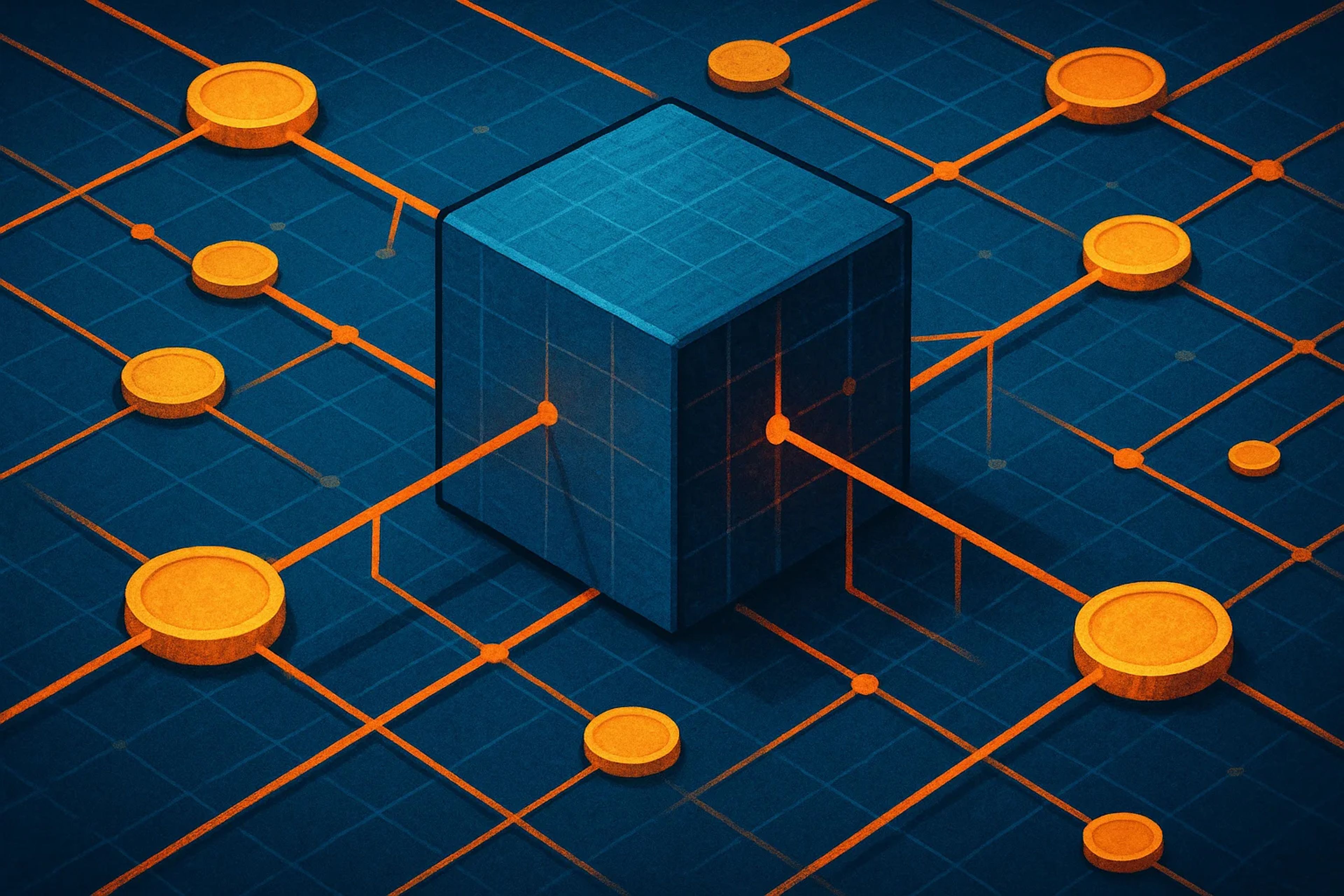 Geometric shapes with a central cube and orange