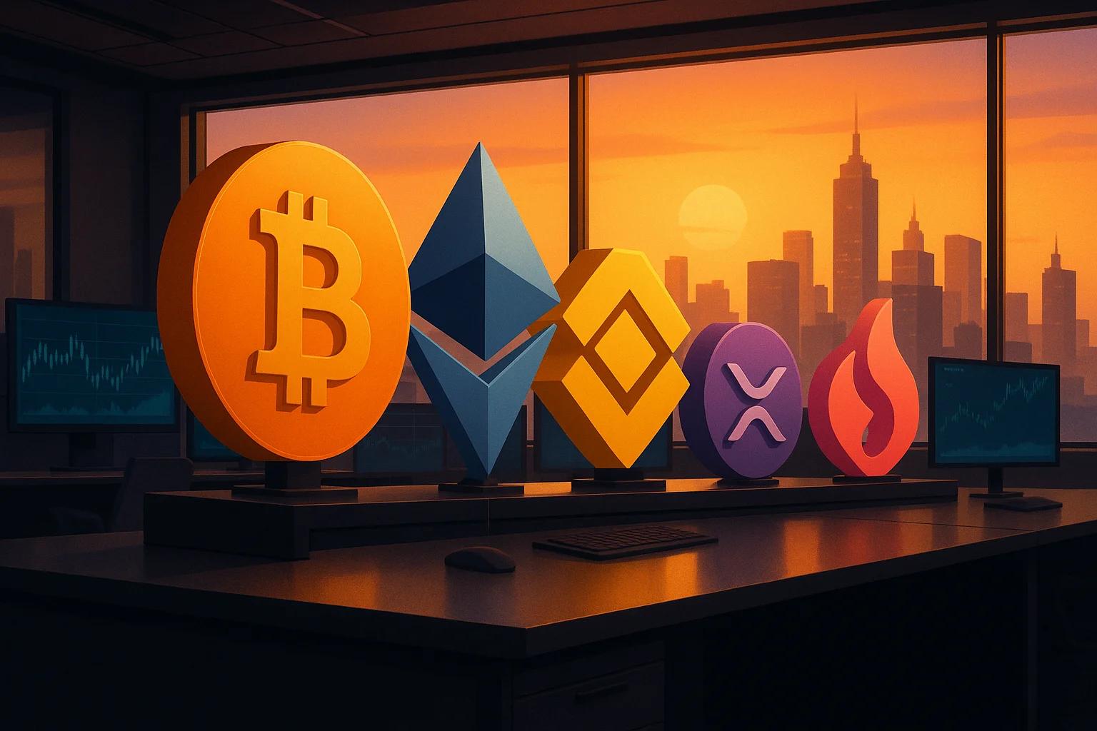 Colorful cryptocurrency logos displayed on a desk