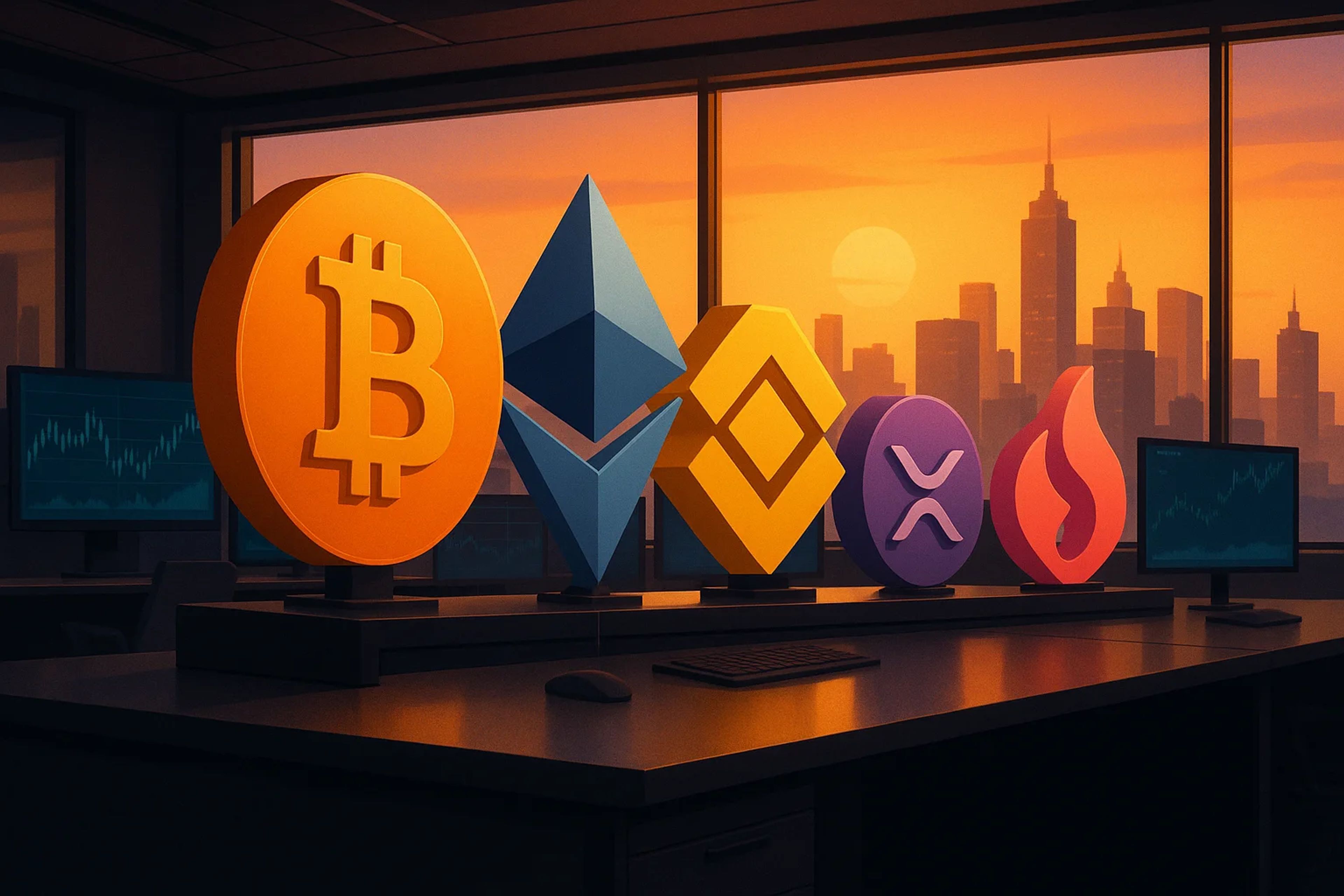 Colorful cryptocurrency logos displayed on a desk