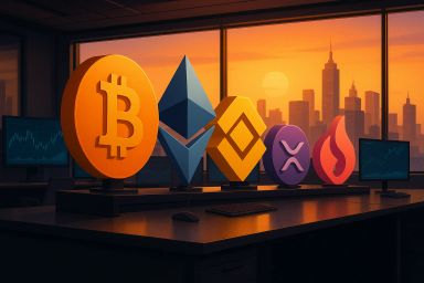 Colorful cryptocurrency logos displayed on a desk