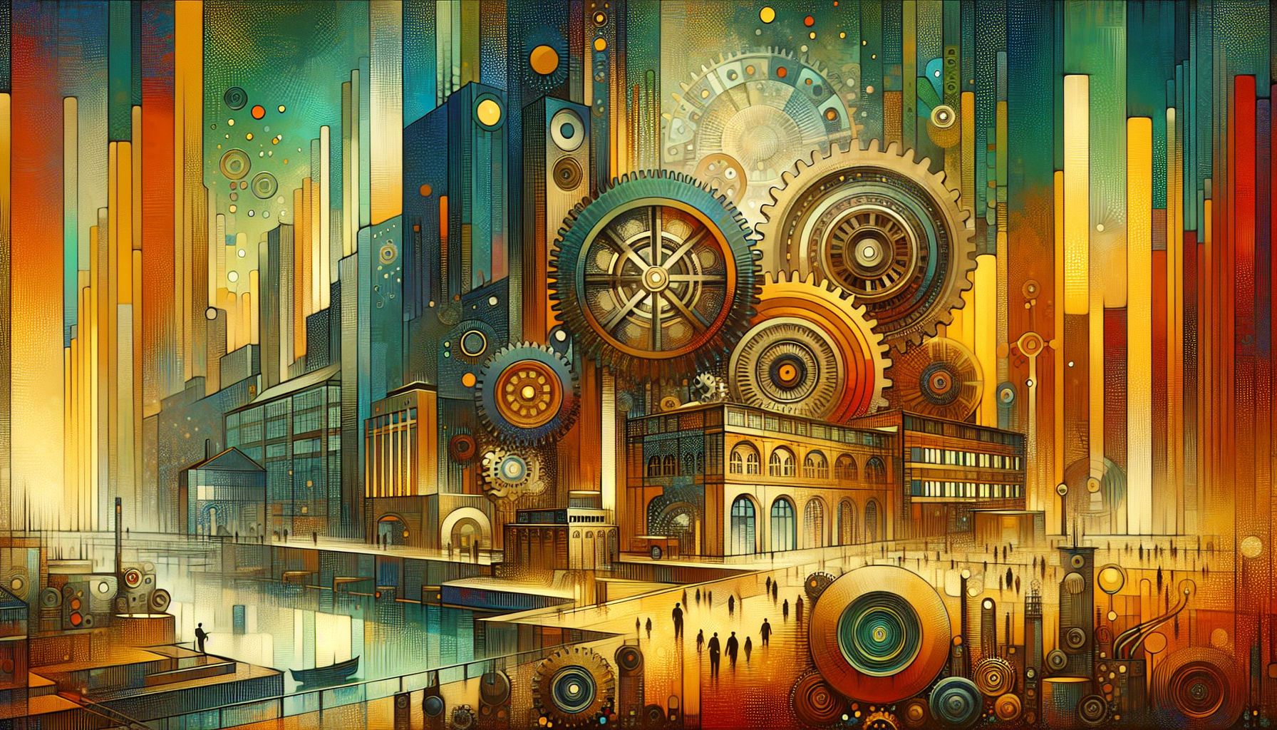 Colorful abstract cityscape with gears and
