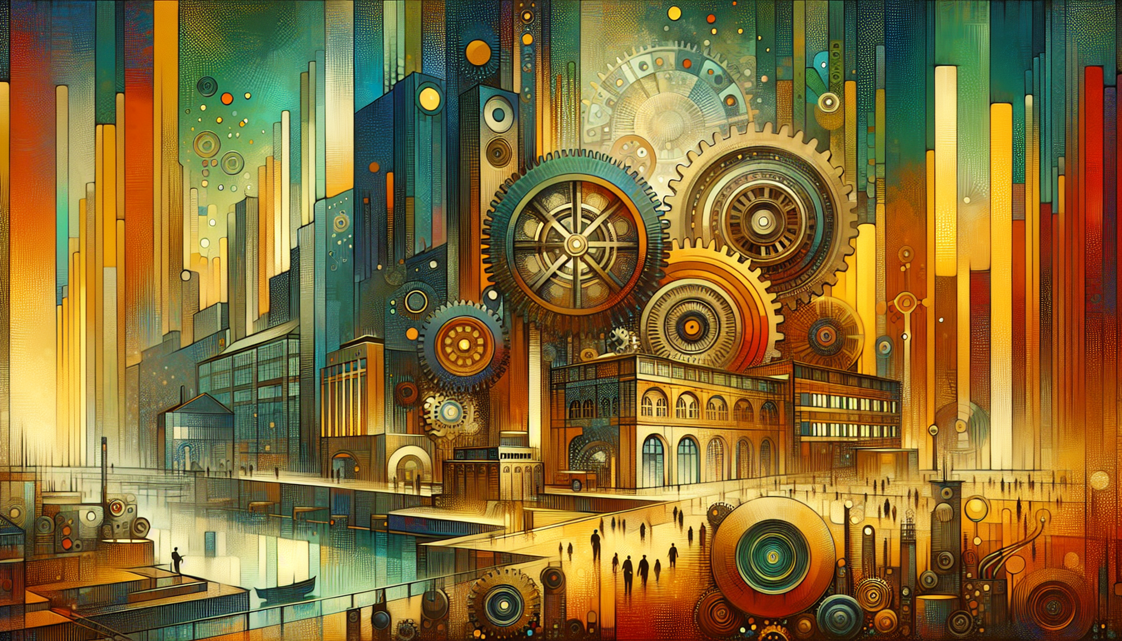 Colorful abstract cityscape with gears and