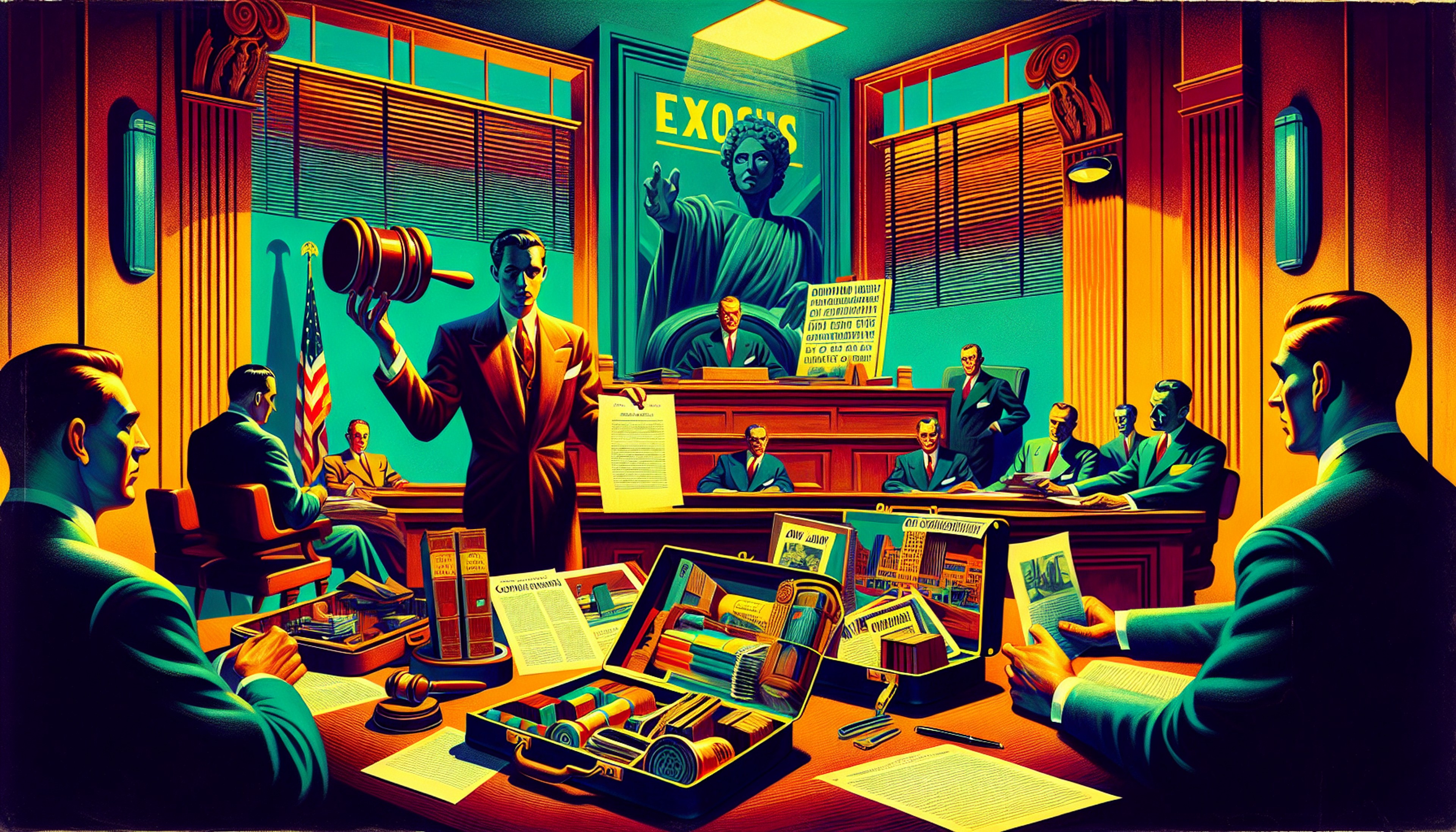 A courtroom scene with a judge, lawyers, and