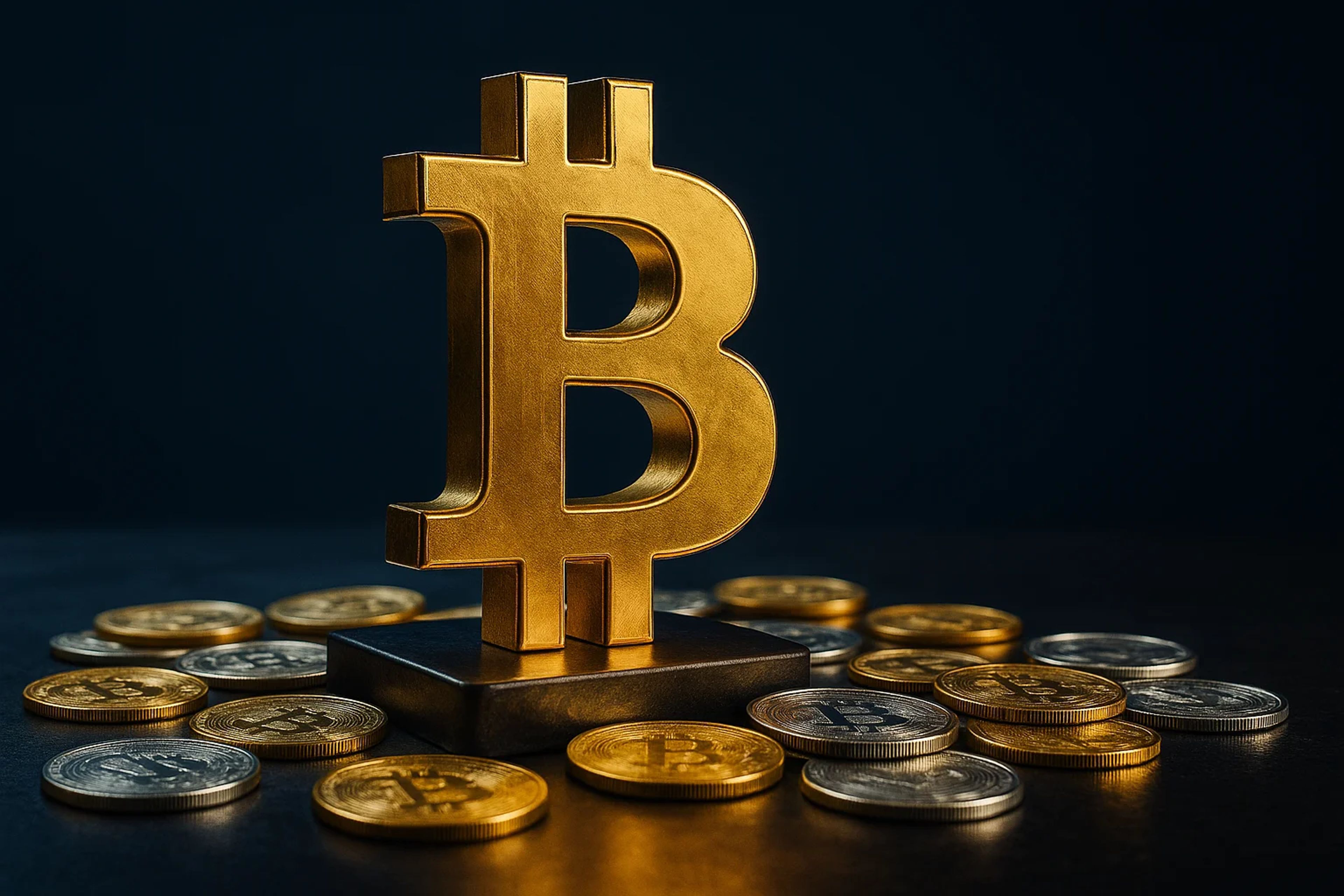 Golden Bitcoin symbol surrounded by coins