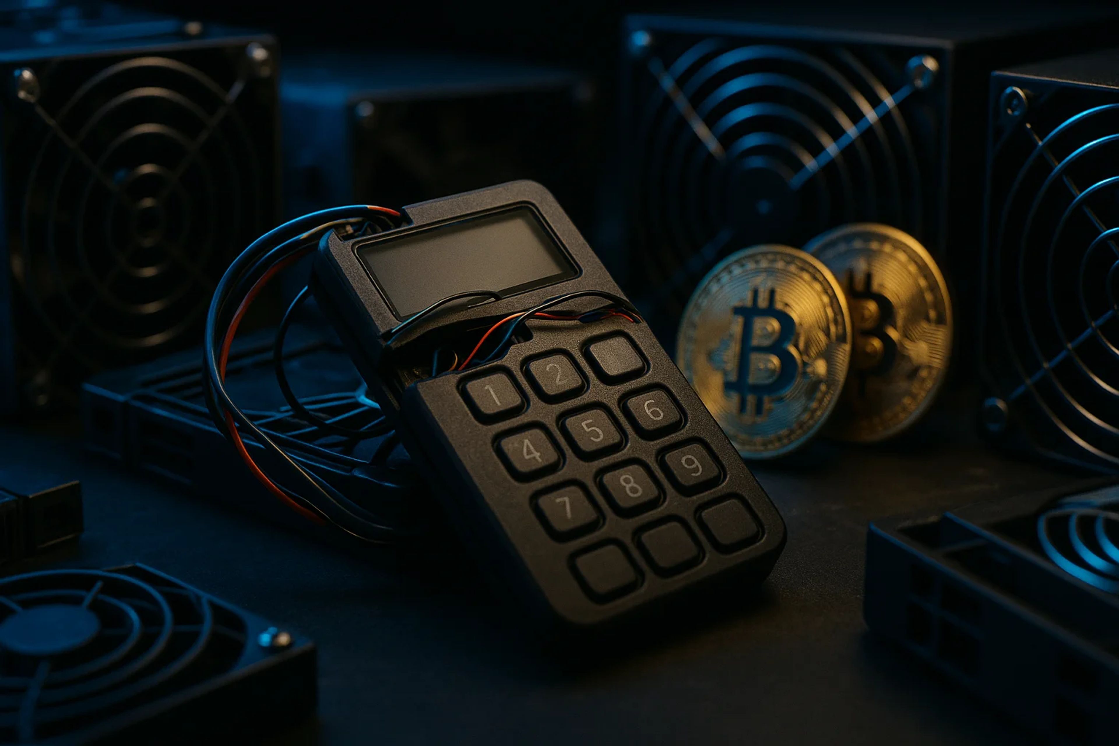 A black keypad device surrounded by computer fans