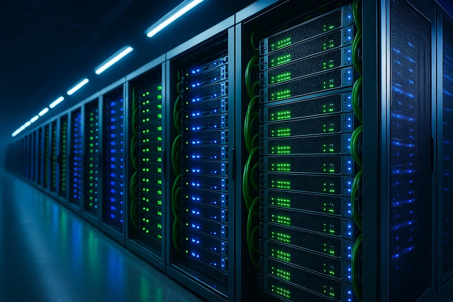 Rows of server racks illuminated by blue and