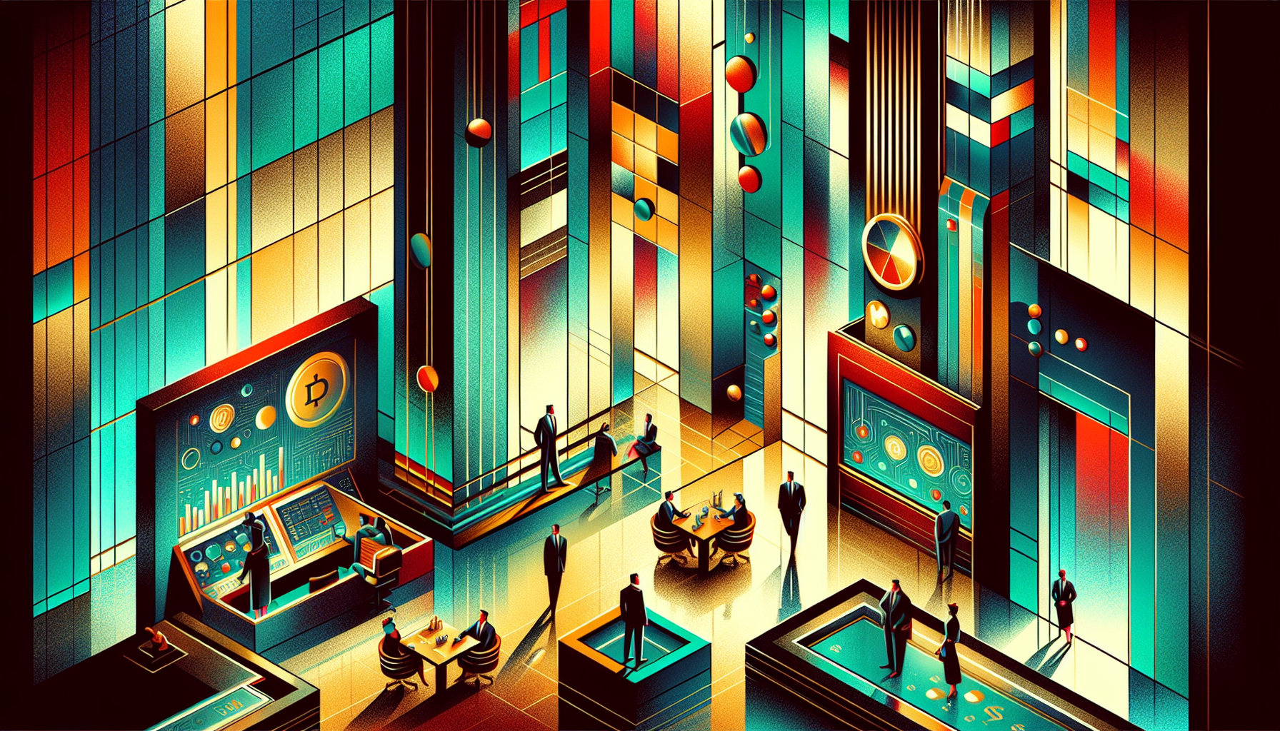 Colorful, geometric office space with people and