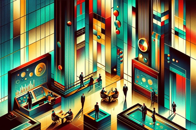 Colorful, geometric office space with people and