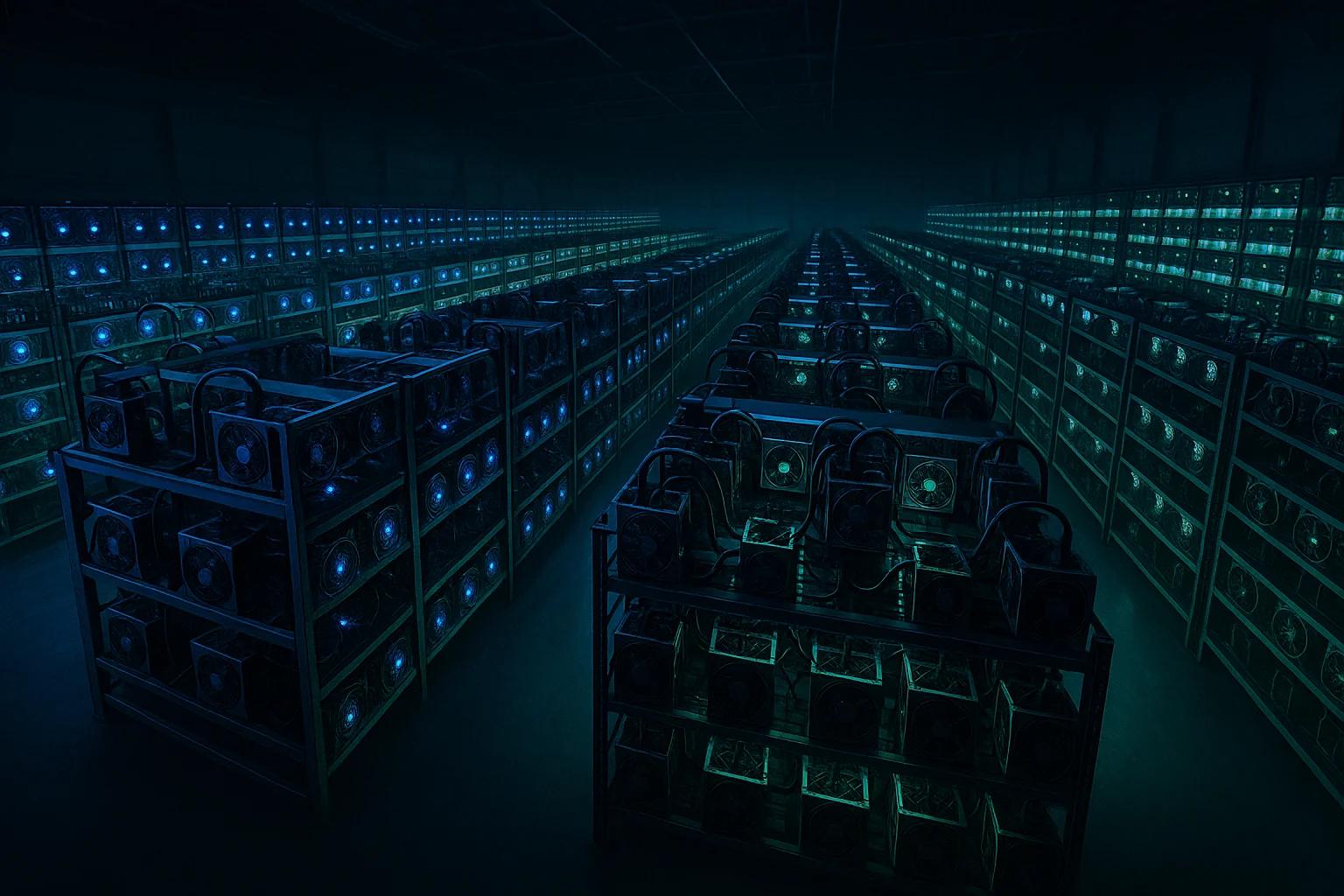 Rows of illuminated mining rigs in a dark room