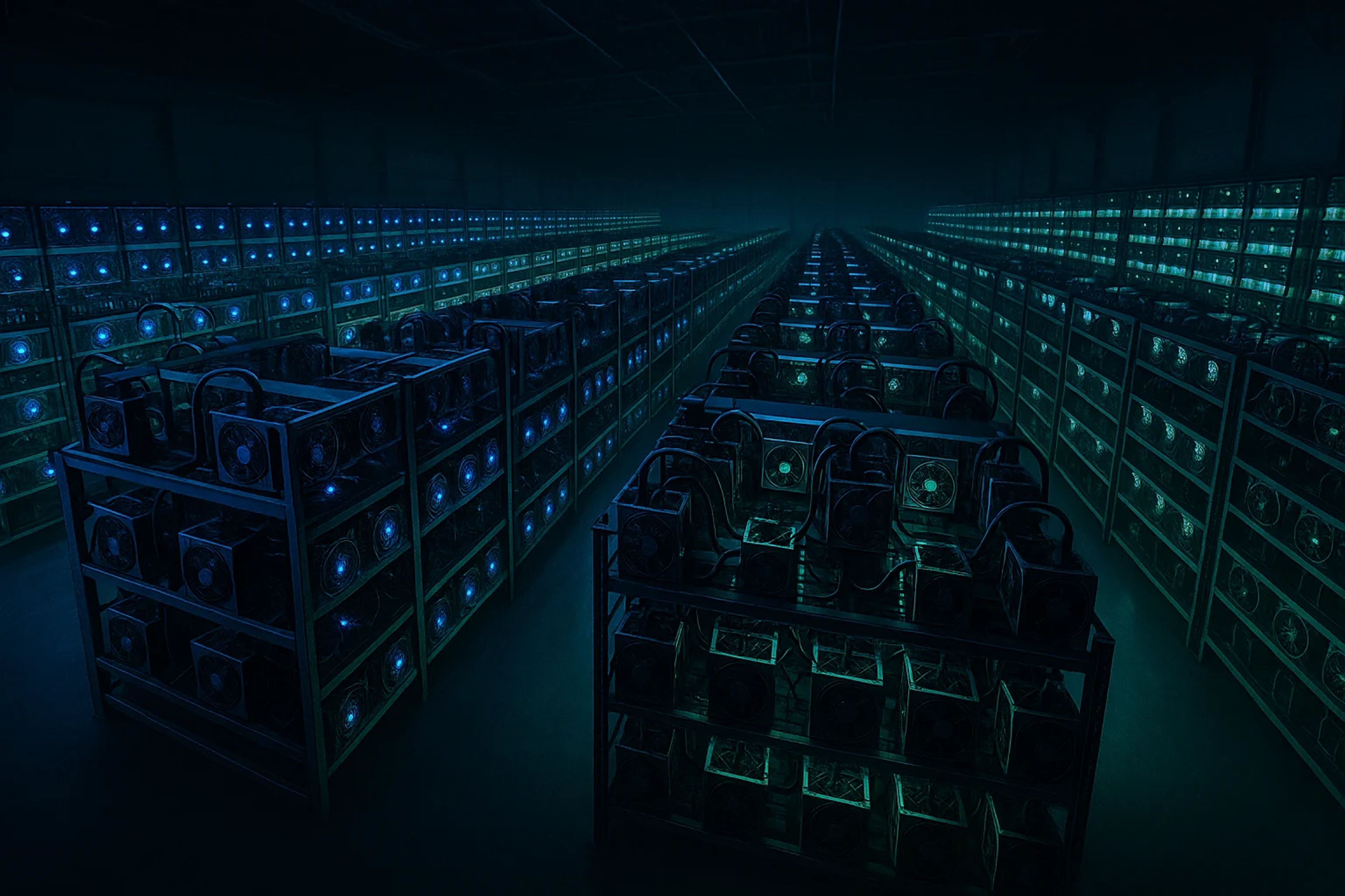 Rows of illuminated mining rigs in a dark room